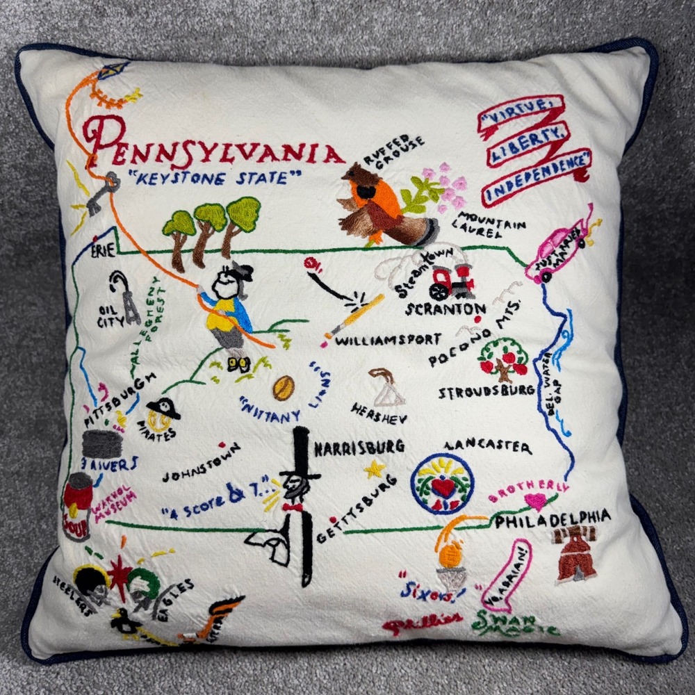 Pennsylvania Souvenir Pillow Blue‎ Cream Hand Embroidered Vintage Swan Magic